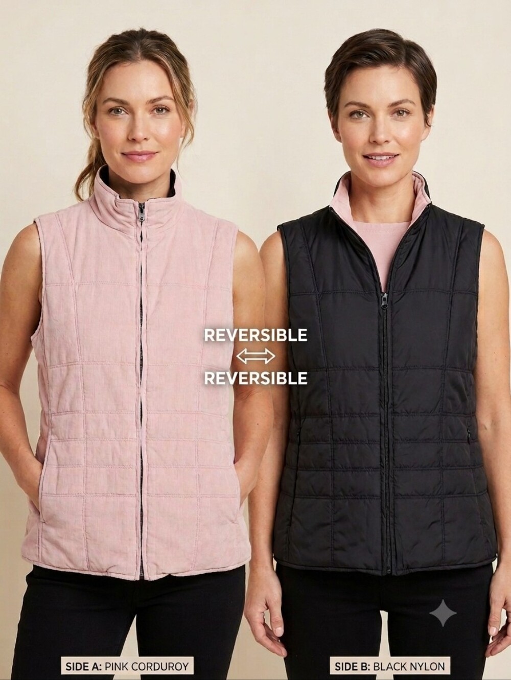 ​Northern Reflections Reversible Corduroy Nylon Puffer Vest Pink Black M